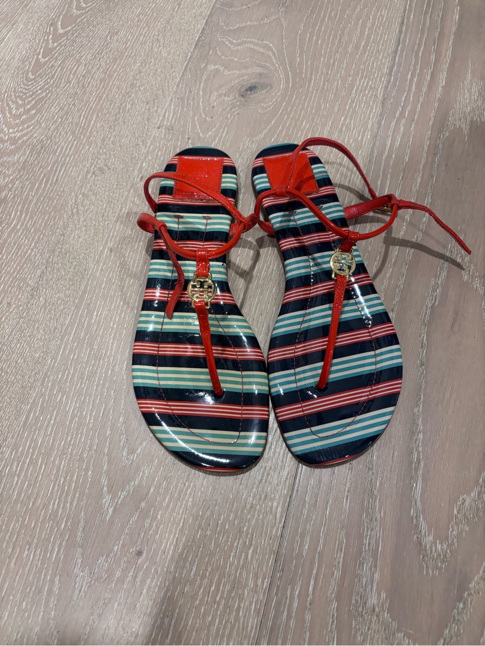 Tory Burch Red Strappy Thong Sandals with Striped Footbed